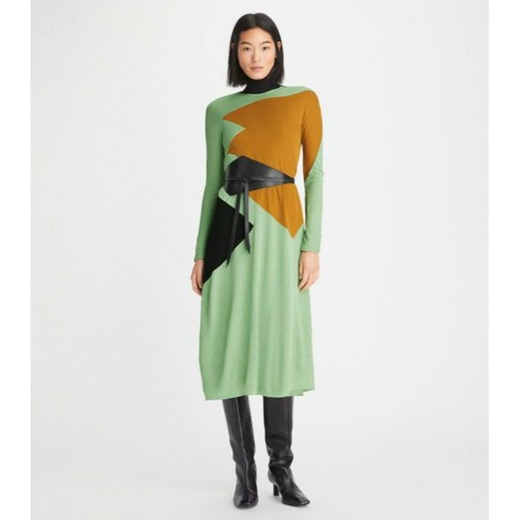 T-175. Tory Burch Color Block Honeycomb Jersey Dress Light Green Viridian